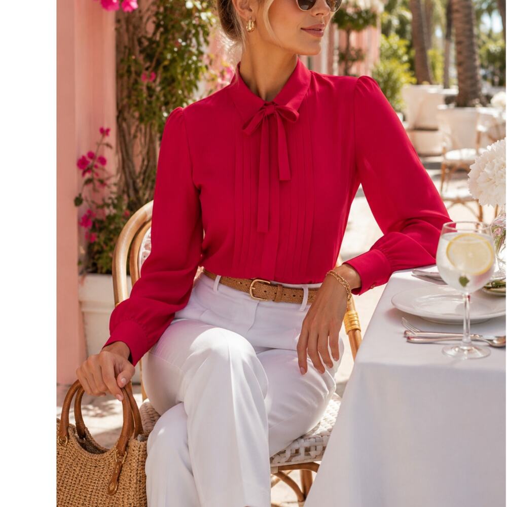 Lady Manhattan Vintage Hot Pink Secretary Blouse P---y Neck Bow Pleated Size 12